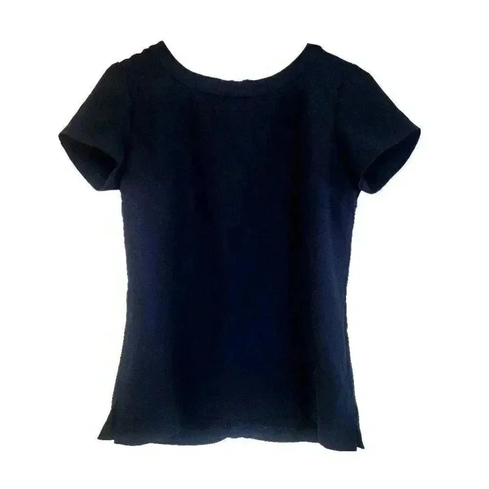 Banana Republic Women's Navy Polyester Fitted Short Sleeve Zip Back Shirt
